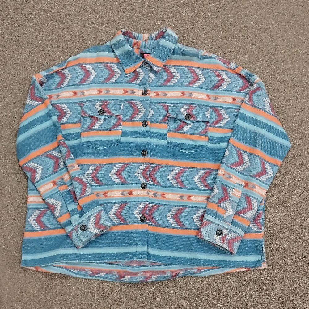 Rock & Roll Denim Women's Shacket Shirt Jacket - Blue Coral Burgundy Print